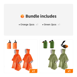 2pcs Emergency Blanket Poncho; Ultralight Waterproof Thermal Survival Space Blanket (Color: Orange 2pcs+Green 2pcs)